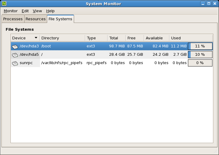 GNOME System Monitor - File Systems GNOME System Monitor - File Systems
