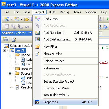 Selecting Project Properties from the
 main menu