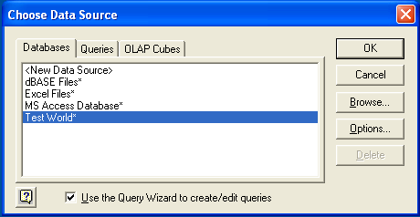 Microsoft Query, Choose Data
 Source