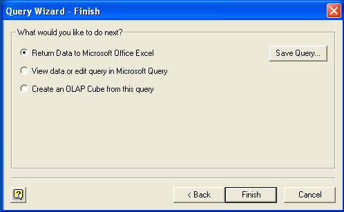 Microsoft Query, Selecting a
 destination