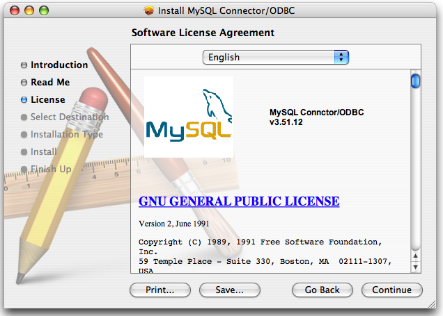 Connector/ODBC Mac OS X Installer -
 License