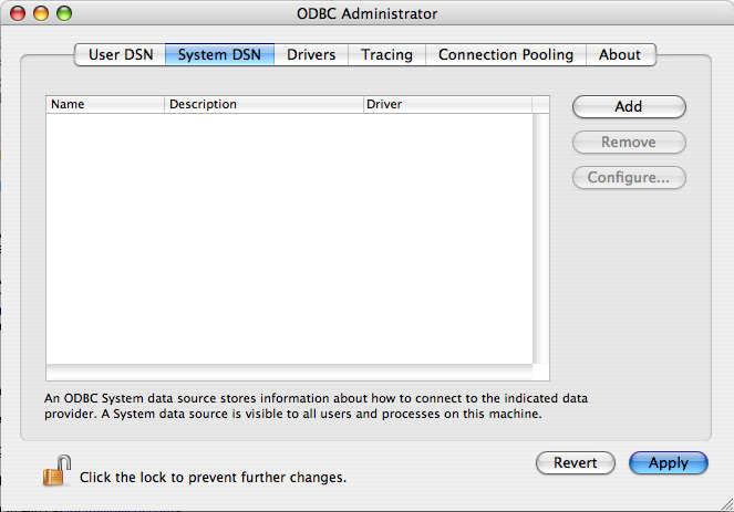 ODBC Administrator Main
 Panel Dialog