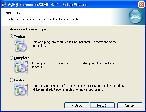 Connector/ODBC Windows Installer -
 Choosing a Setup type welcome