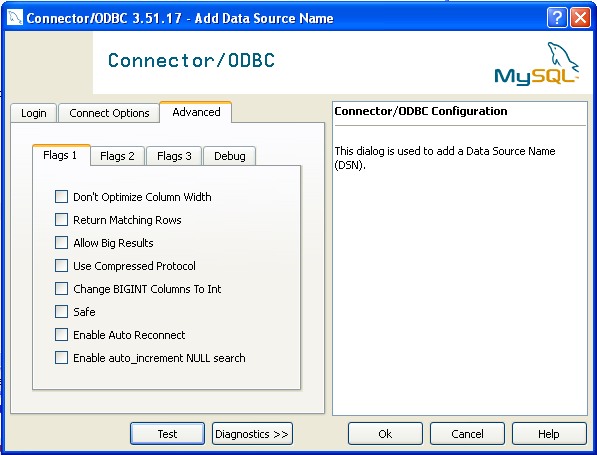 Connector/ODBC Connection Advanced
 Dialog