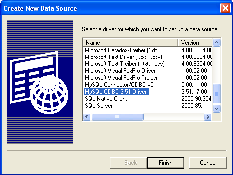 MySQL ODBC Driver
 Selection Dialog