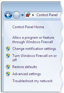 Picture of the left pane of Windows Firewall in Control Panel