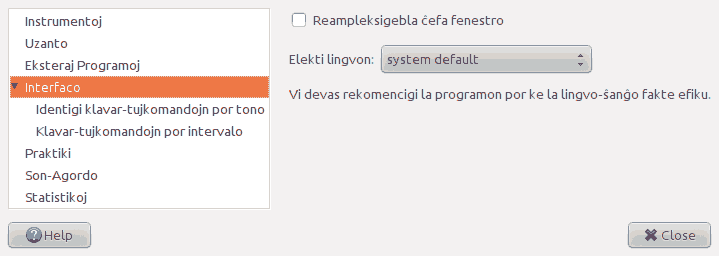 Bildo pri la paĝo 'Interfaco' de la fenestro pri preferoj.