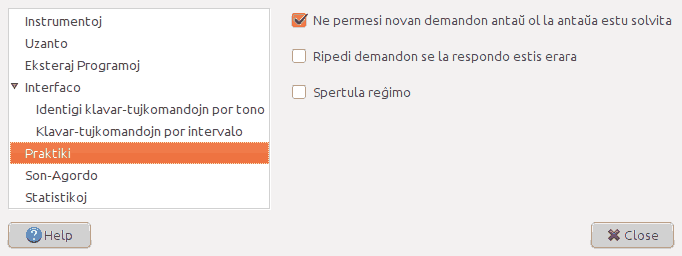 Bildo pri la paĝo 'Praktiki' de la fenestro pri preferoj.