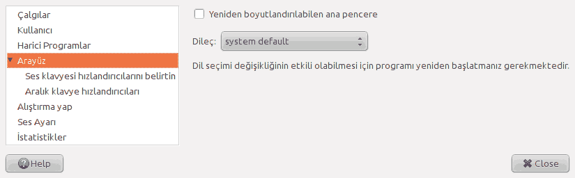 Tercihler penceresindeki 'Arayüz' sayfasının ekran görüntüsü.