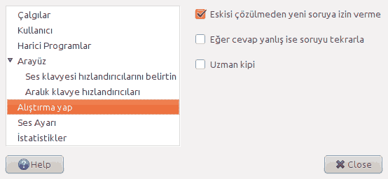 Tercihler penceresindeki 'Alıştırma yap' sayfasının ekran görüntüsü.