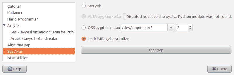 Tercihler penceresindeki 'Ses ayarı' sayfasının ekran görüntüsü.