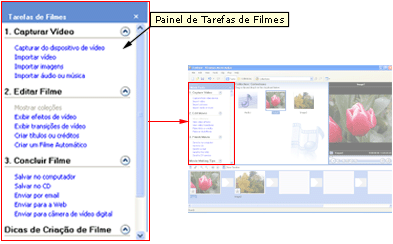 Imagem do painel Tarefas de Filmes
