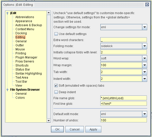 jEdit settings for editing options