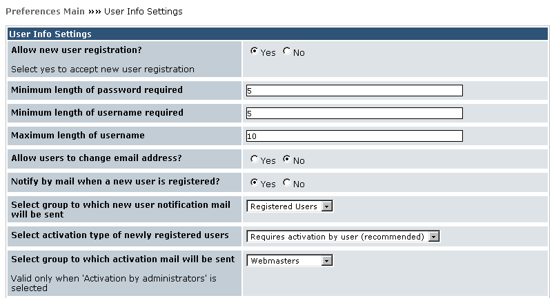 User Info Settings