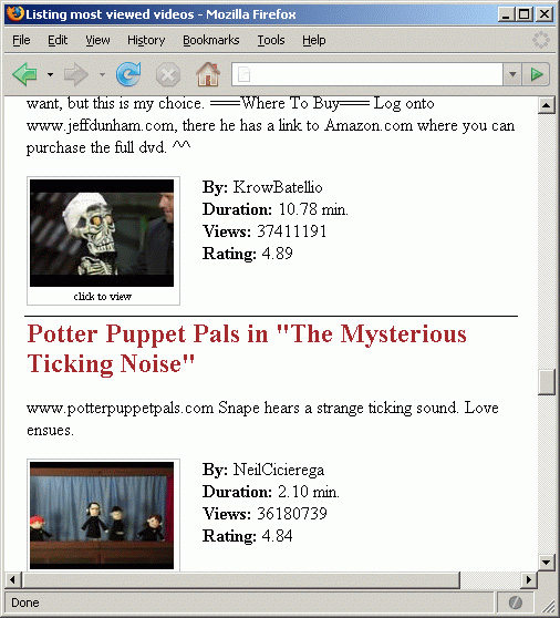 A list of frequently-viewed videos