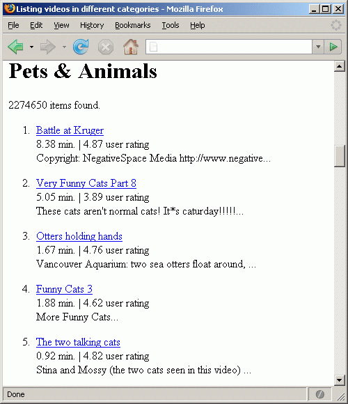 A Web page displaying videos from various categories