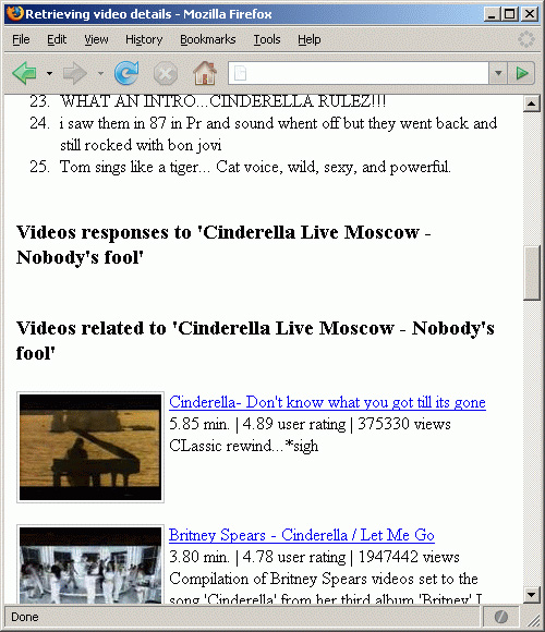 A Web page displaying video comments, responses, and related videos